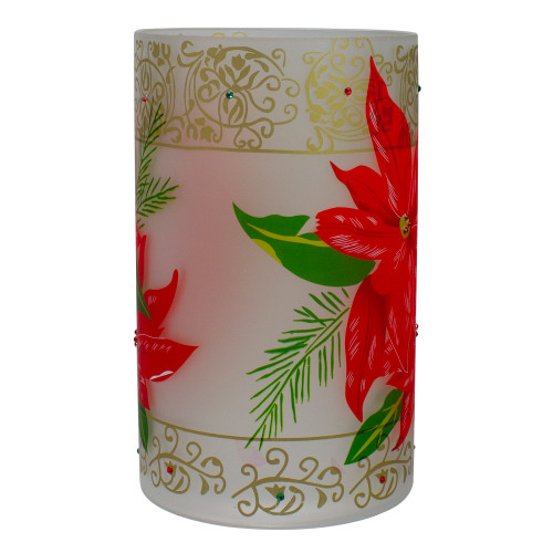 10" Hand-Painted Red Poinsettias and Gold Flameless Glass Christmas Candle Holder
