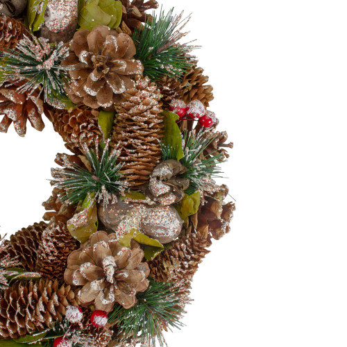 Green and Brown Frosted Pinecones and Bells Christmas Wreath - 13" Unlit