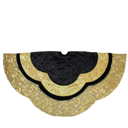 48" Black and Gold Velveteen Floral Scallop Christmas Tree Skirt