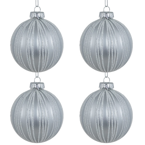 4ct Silver and White Glitter Striped Glass Ball Christmas Ornaments 3"