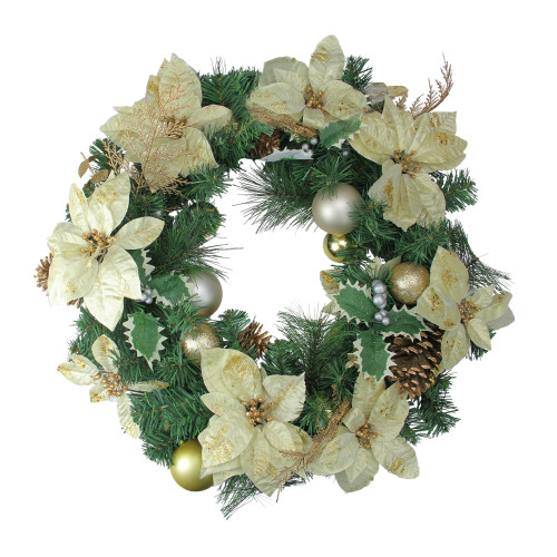 Glitter Poinsettia and Pine Cone Artificial Christmas Wreath - 24" - Unlit