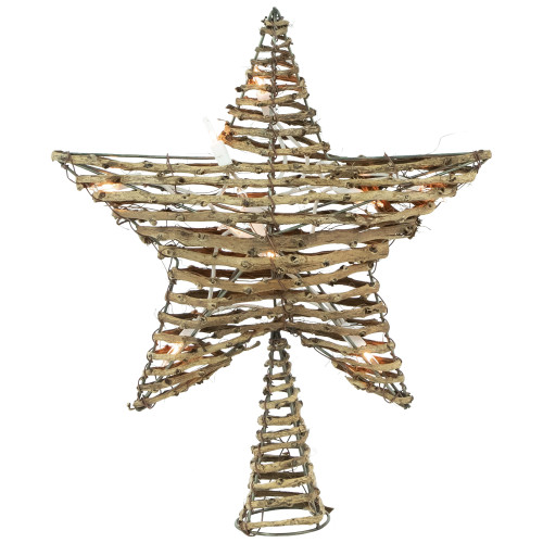 11" Lighted Rattan Twigs Star Christmas Tree Topper- Clear Lights, White Wire