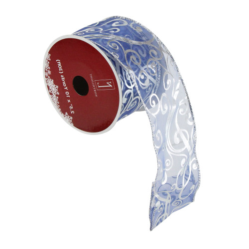 Blue and Silver Abstract Swirls Christmas Wired Craft Ribbon 2.5" x 10 Yards