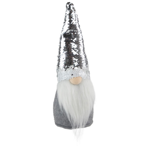 Standing Christmas Gnome with Flip Sequin Hat - 14" - Silver and Gray