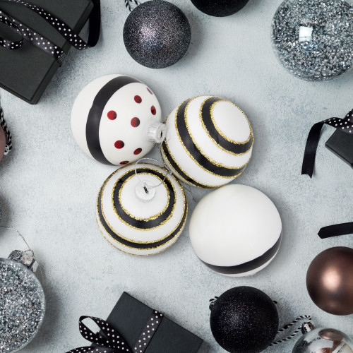 Shiny Finish Striped Christmas Glass Ball Ornaments - 3" (80mm) - White and Black  - Set of 4