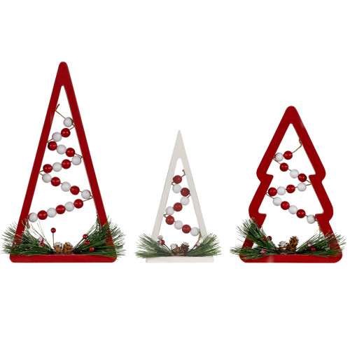 Wooden Trees with Beads Christmas Decorations - 11.75" - Red and White - Set of 3