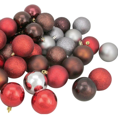 60ct Mocha Brown, Red and Silver Shatterproof 4-Finish Christmas Ball Ornaments 2.5" (60mm)