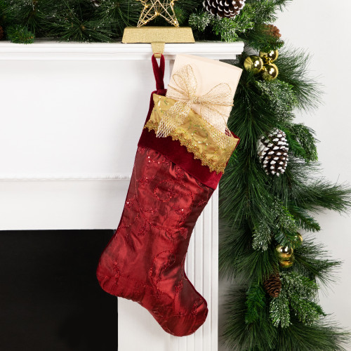 20" Red and Gold Leaf Christmas Stocking with Wavy Sequined Cuff