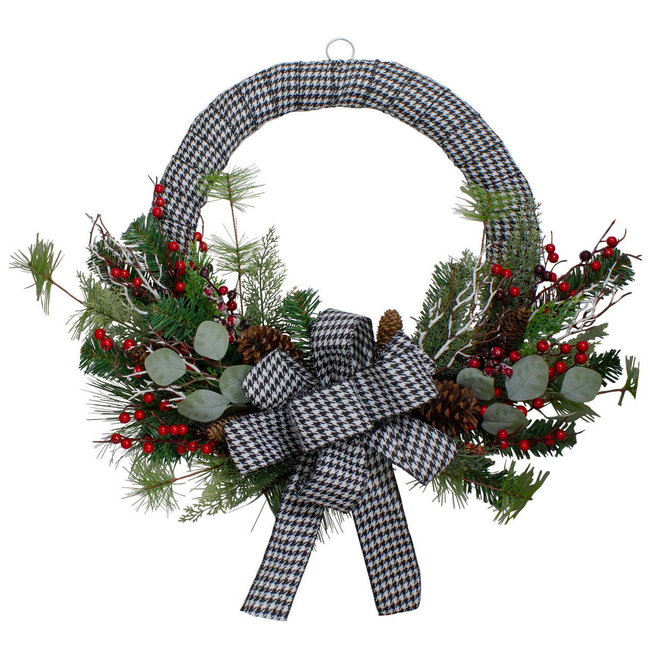 Black and White Houndstooth and Berry Artificial Christmas Wreath - 24-Inch, Unlit