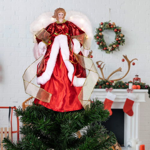 Angel with Lighted Wings Christmas Tree Topper - 14" - Red and White