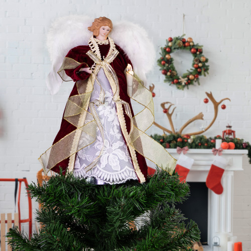 Angel with Lighted Candle Christmas Tree Topper - 14" - Burgundy and White