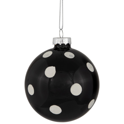 Shiny Finish Polka Dots Christmas Glass Ball Ornaments - 3" (80mm) - Black and White - Set of 4