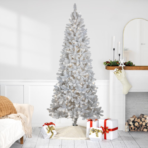 Pre-Lit Slim Flocked White Pine Artificial Christmas Tree - 7.5' - Warm White LED Lights