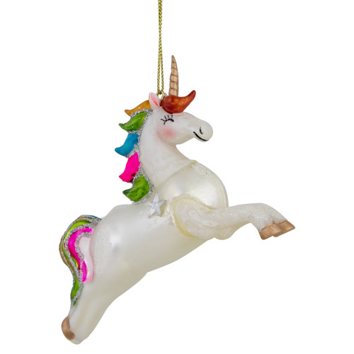 4.5" White Unicorn with Rainbow Mane Glittered Christmas Glass Ornament