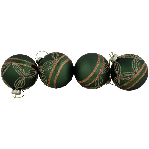 4ct Green and Gold Holly Berry Christmas Glass Ball Ornaments 3"