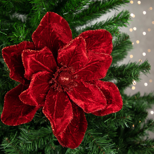 24" Red Velvet Glittered Magnolia Christmas Stem Spray