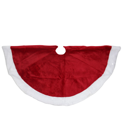 48" Red and White Velveteen Christmas Tree Skirt with White Trim