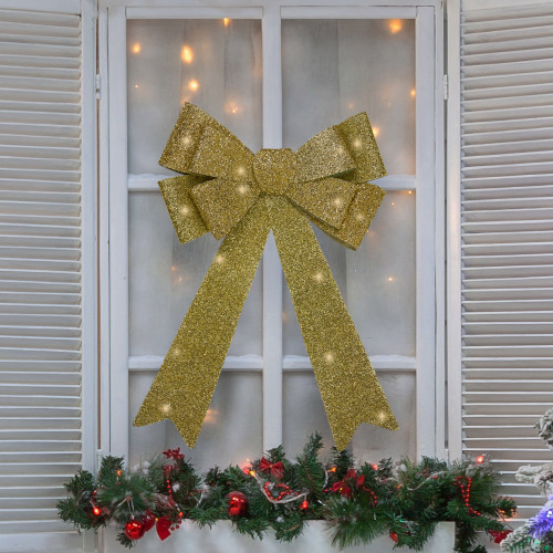 24" LED Lighted Gold Tinsel Bow Christmas Decoration