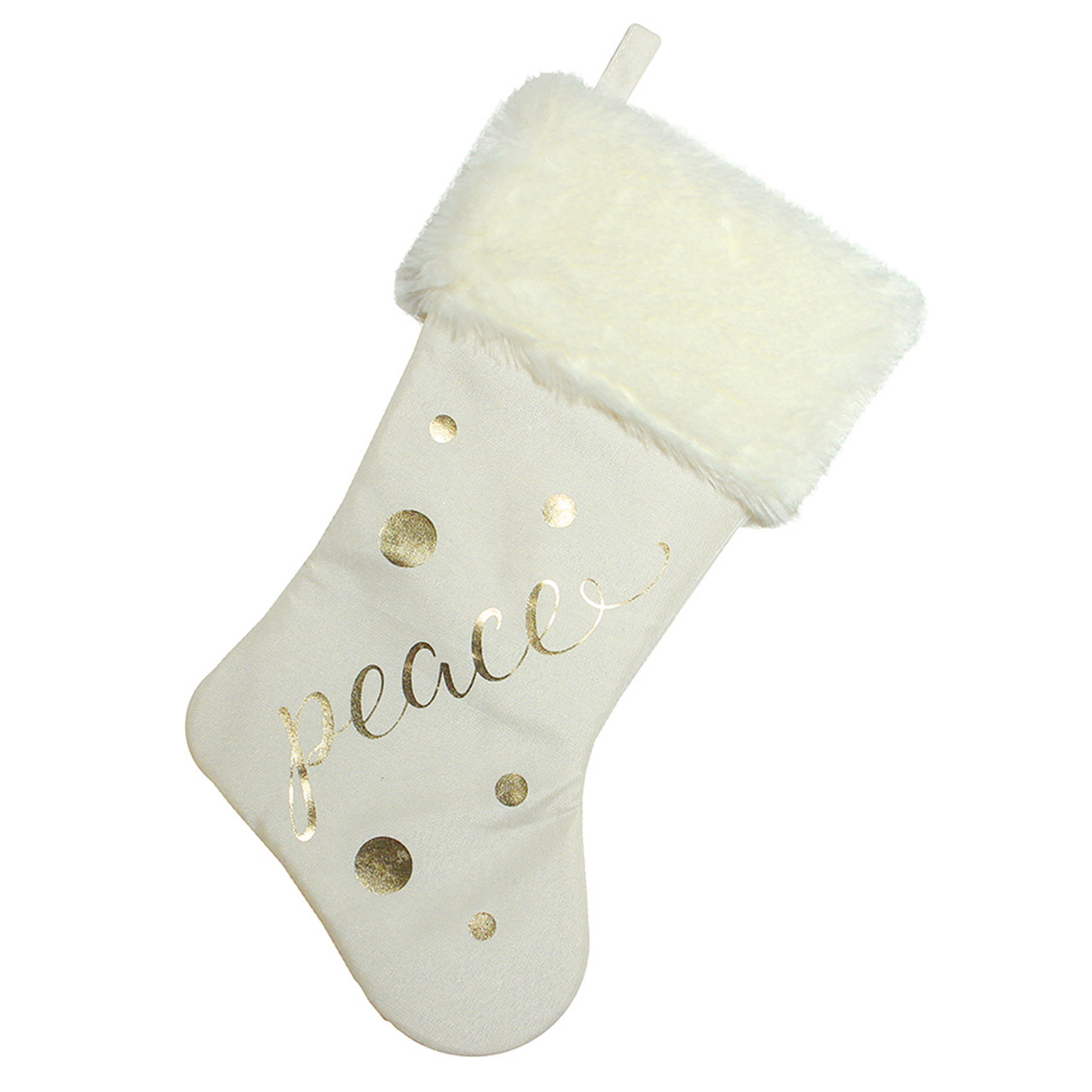 19" Ivory White Gold Foil "Peace" Christmas Stocking with White Faux Fur Cuff