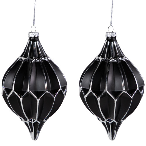 Set of 2 Matte Black and Silver Finial Christmas Glass Ornaments 5"