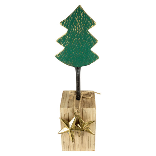 Metal Tree with Stars and Chunky Wooden Base Christmas Decoration - 16.75" - Green