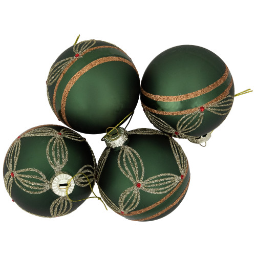 4ct Green and Gold Holly Berry Christmas Glass Ball Ornaments 3"