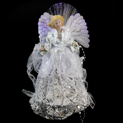 16" White and Silver Lighted Angel Sequined Gown Christmas Tree Topper