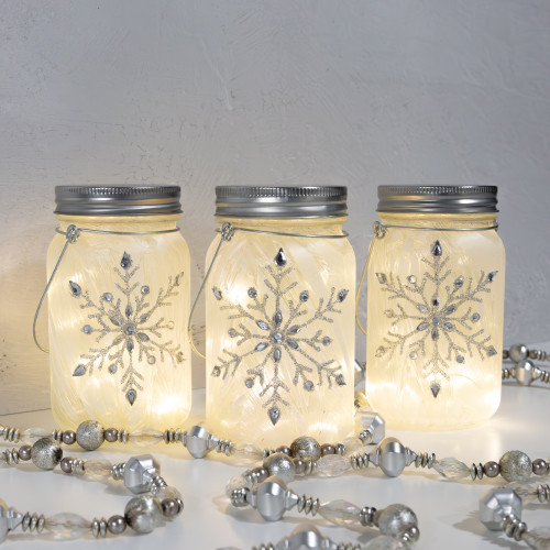 Battery Operated Silver Snowflake Glass Mason Jars - Set of 3