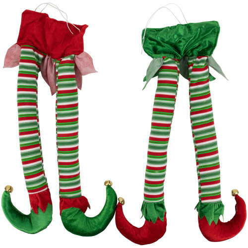Striped Plush Elf Legs Christmas Decorations - 19" - Red and Green - Set of 2