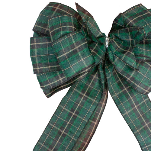 50" Green and Black Plaid 16 Loop Christmas Bow Decoration
