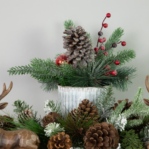 12" Frosted Pine, Berries and Pine Cones Floral Arrangement in Tin Pot