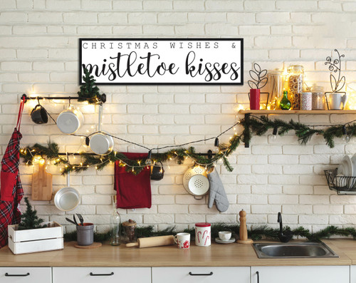 Christmas Wishes and Mistletoe Kisses 11.5" x 41.5" Framed Christmas Wall Decor  Sign Poster in a Black Wooden Frame with UV Acrylic and Hangers