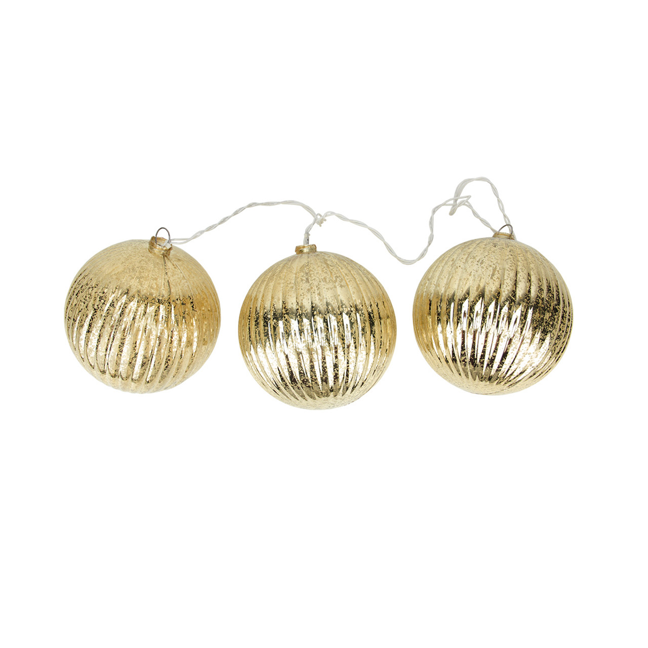 3-Count Gold Ribbed Ball Ornaments Christmas Light Set 1.5ft White Wire