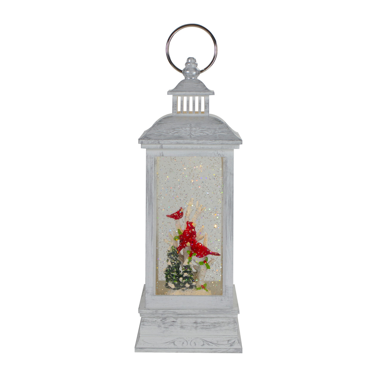 Brushed Christmas Cardinals Snow Globe Lantern - 11" - White and Silver