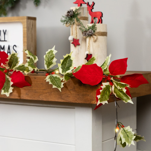 Pre-Lit Battery Operated Holly and Berry Christmas Garland - 7.5' x 5" - Warm White Lights