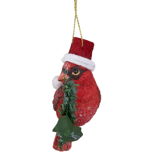 3.5" Red Cardinal Bird Wearing Santa Hat Christmas Ornament