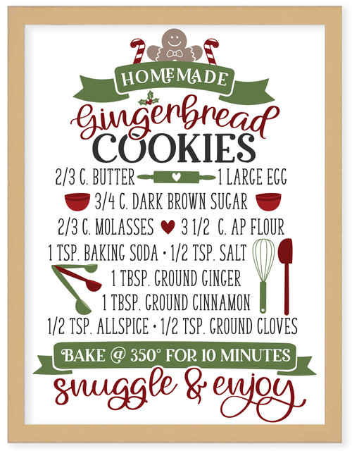 Gingerbread Cookie Recipe 13.5" x 17.5" Framed Christmas Wall Decor Art Print Sign Poster in a Natural Wooden Frame with UV Acrylic and Hangers