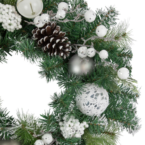 Green Pine Frosted Artificial Christmas Wreath with Laced Ornaments, 24-Inch, Unlit