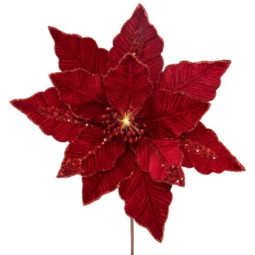 20" Lighted Red Velvet Poinsettia Christmas Stem Spray