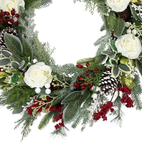 Real Touch?? Mixed Foliage and Roses Artificial Christmas Wreath 30" - Unlit