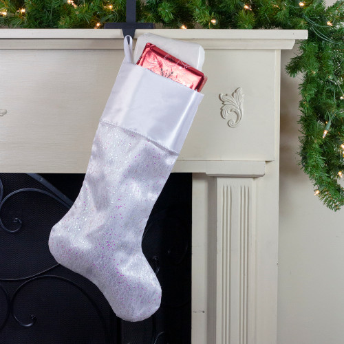 22.25" White with Pink Iridescent Glitter Christmas Stocking with Satin Cuff