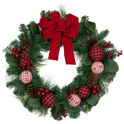Red Bow and Mixed Foliage Artificial Christmas Wreath with Ornaments, 30-Inch