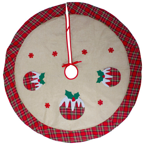 36" Burlap Plaid Tree Skirt with Christmas Puddings