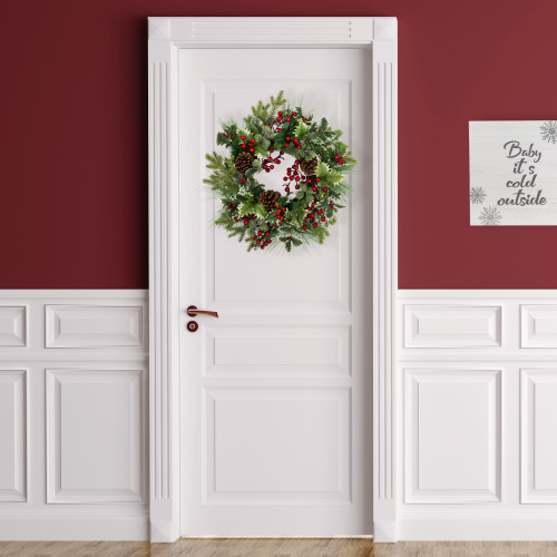 Holly and Berries, Frosted Thistle and Pine Artificial Christmas Wreath - 24" - Unlit