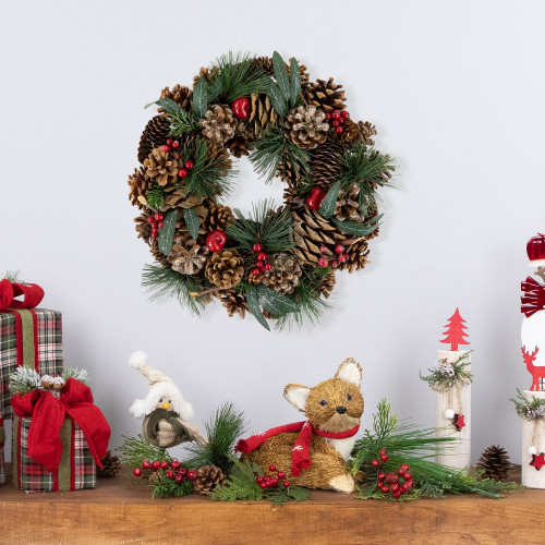 Green Mixed Foliage and Apple Artificial Christmas Wreath, 13.75-Inch, Unlit