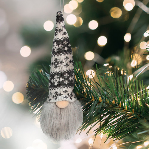 6.25-Inch Gray and White Gnome Head with Hat Hanging Christmas Ornament