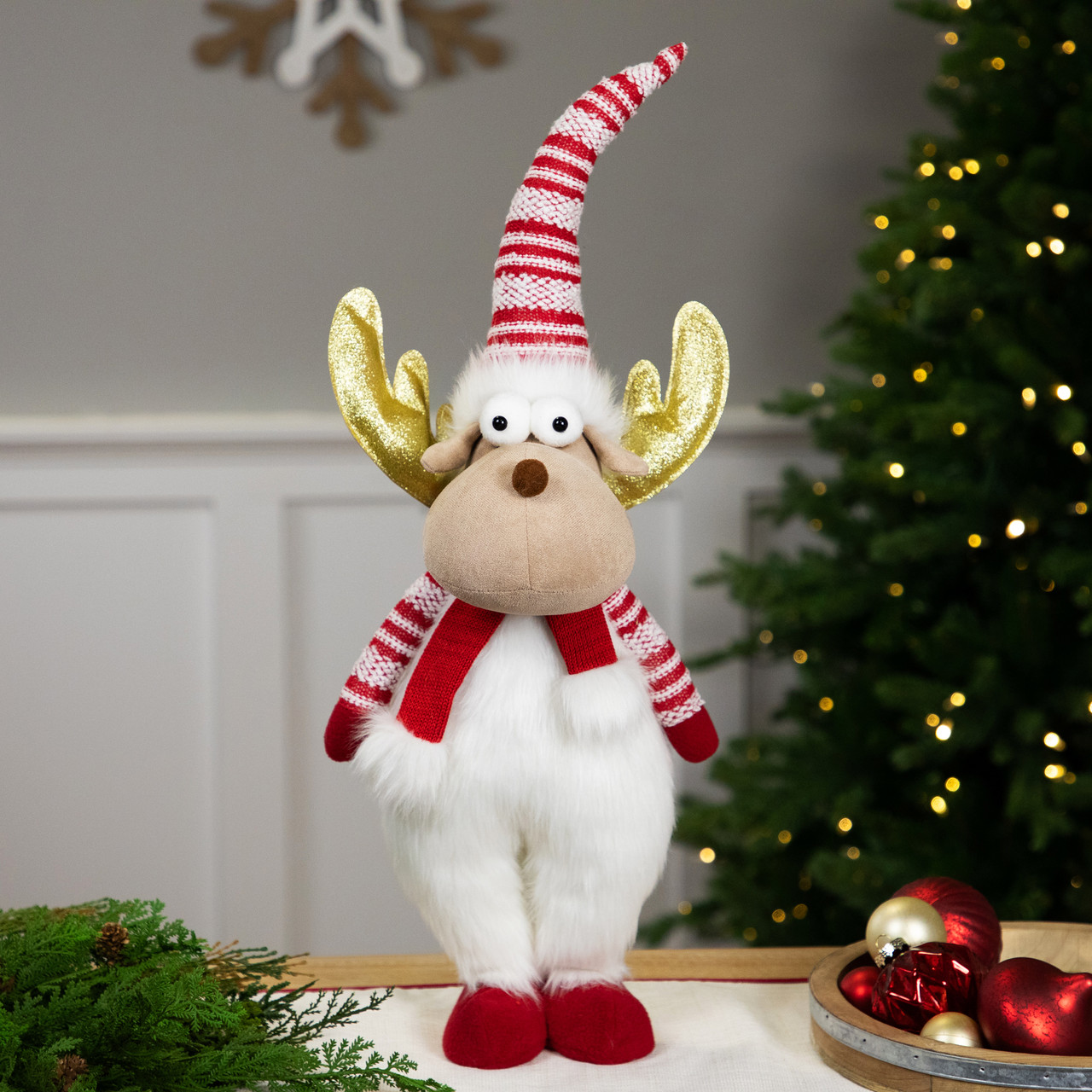 Standing Plush Moose Christmas Figure with Glitter Antlers - 25" - White and Red