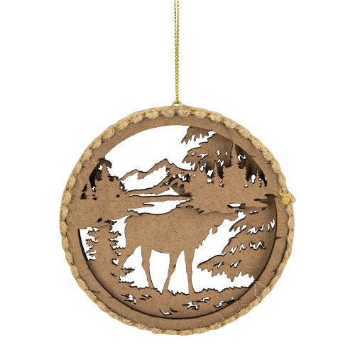 4.25 in Moose with Forest Trees Disk Christmas Ornament, Brown