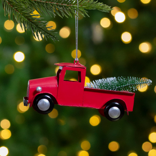 4.5" Red Vintage Style Truck with Frosted Tree Christmas Ornament