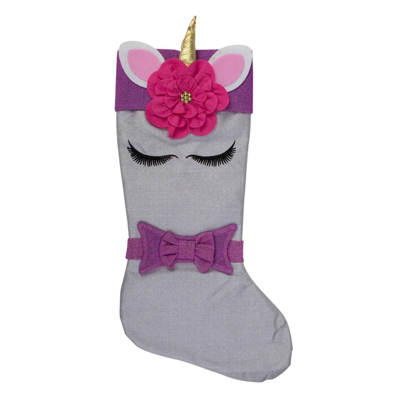 20" White Unicorn Face Christmas Stocking with Purple Bow and Cuff